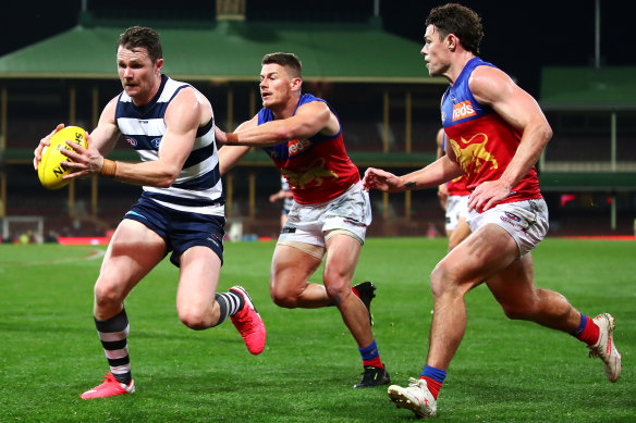 Star power: Patrick Dangerfield in action against the Lions in round six.