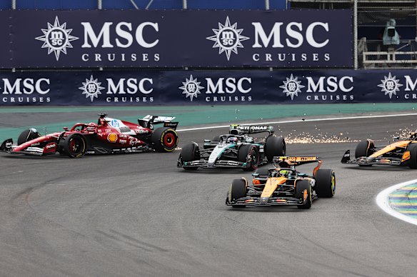 Charles Leclerc crashes out of the Brazilian Grand Prix.