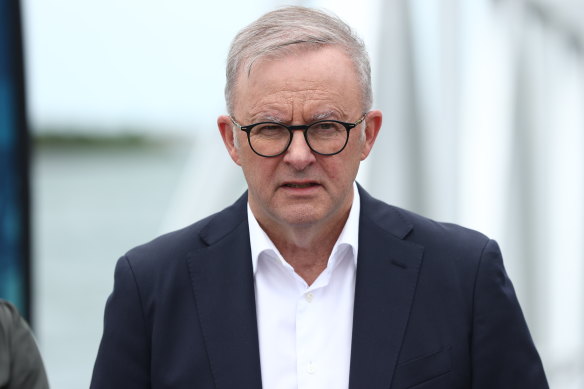 Prime Minister Anthony Albanese at a press conference in Mackay on Monday. 