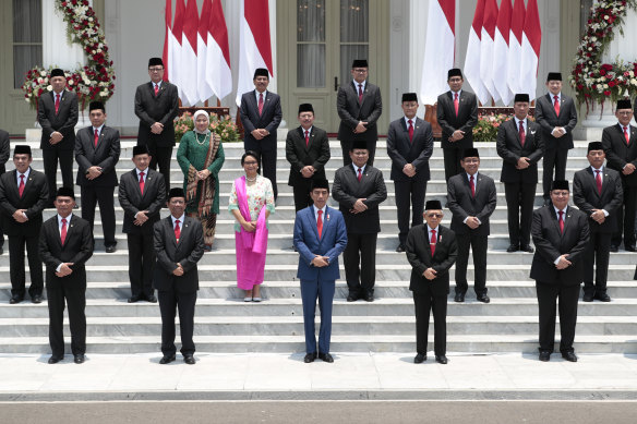Indonesian President Joko Widodo, front centre, and his new cabinet on Wednesday.