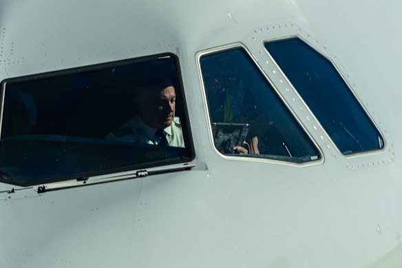 A pilot in the cockpit of Jetstar’s first flight into Western Sydney Airport.