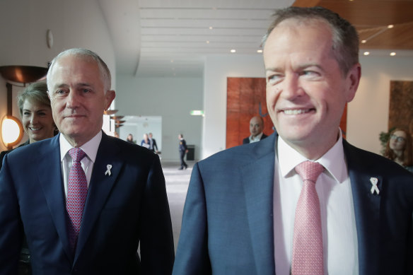 White Ribbon drew support from prominent leaders. Then-Prime Minister Malcolm Turnbull and Opposition Leader Bill Shorten at a White Ribbon breakfast in 2017.