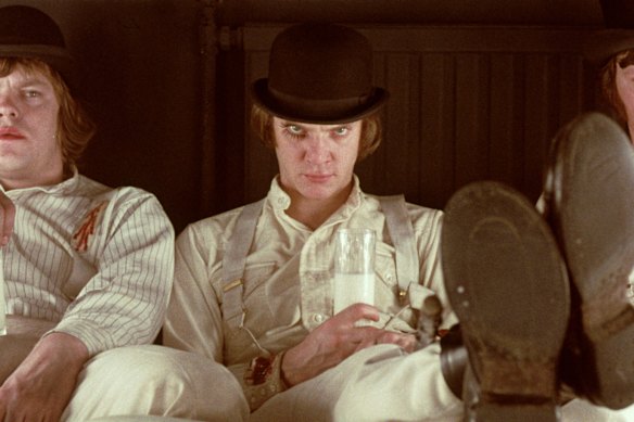 Malcolm McDowell stars as Alex (centre) in A Clockwork Orange. 