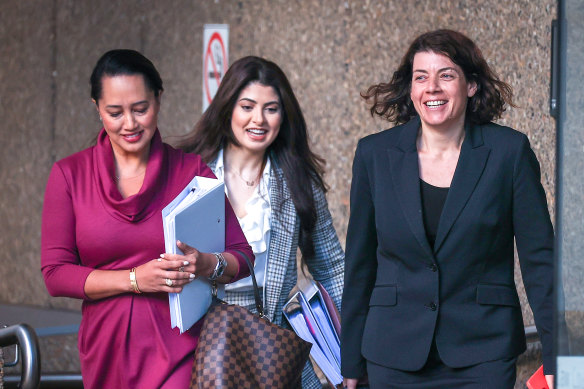 Barrister Sue Chrysanthou, SC, right, and solicitor Rebekah Giles, far left, outside the Federal Court on Friday.