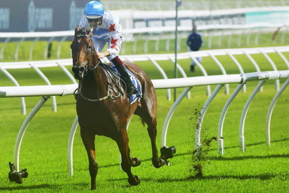 Forbidden Love races away in the Canterbury Stakes on a heavy Randwick.