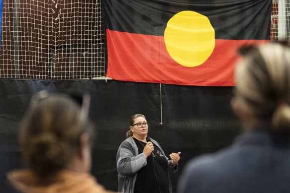 Co-founder and executive director of Redfern Youth Centre Margaret Haumono at a community gathering at the National Centre of Indigenous Excellence to try to stop the closure of the centre.
