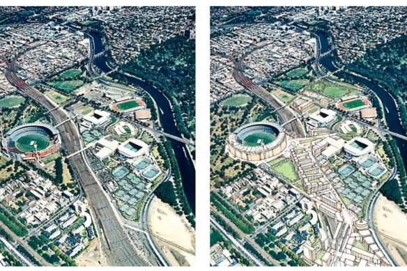 Drawings for a 2001 project called the Yarra Plan that advocated for building over the railway lines to integrate the precinct with the city.