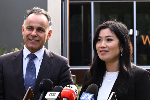 Opposition Leader John Pesutto with Nicole Ta-Ei Werner, the Liberals’ candidate for Warrandyte.