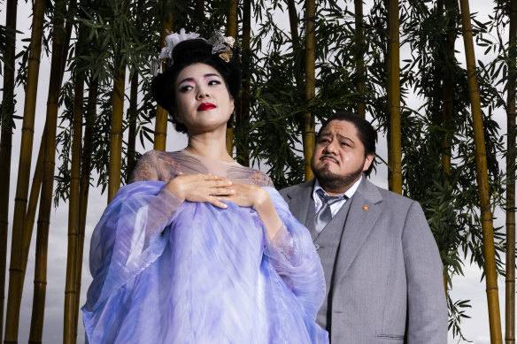 Karah Son and Diego Torre (pictured during costume rehearsals for Madama Butterfly) will appear in the Opera Australia production of Tosca at Margaret Court Arena.