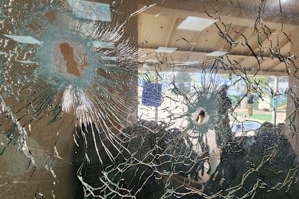  Bullet holes in a window at Kibbutz Nahal Oz after the October 7 attacks. 