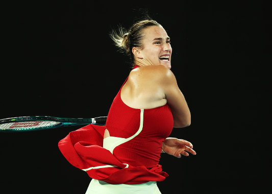 Aryna Sabalenka in full flight during her match against Barbora Krejcikova.