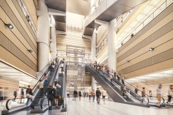 A depiction of escalators in a large atrium of the new Martin Place tube station.