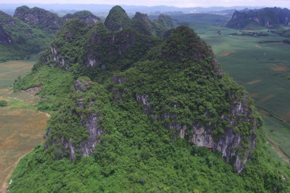 The mountainous location of two caves in southern China where fossils of the largest-ever primate have been found.