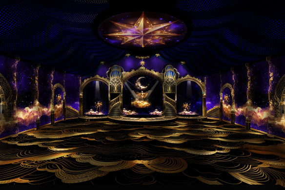 The big song number at the end of Dream Circus, with stylised golden clouds.