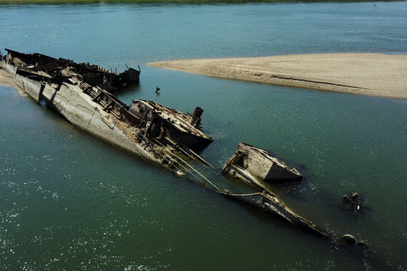 Wreckage of a World War II German warship is seen in the Danube in Prahovo, Serbia, on August 18. The receding waters of the river have revealed a number of vessels sunk during the war.