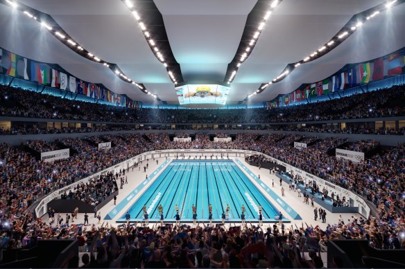 The Live Nation/Oak View Group/Plenary consortium’s design for Brisbane Arena in Olympic swimming mode.