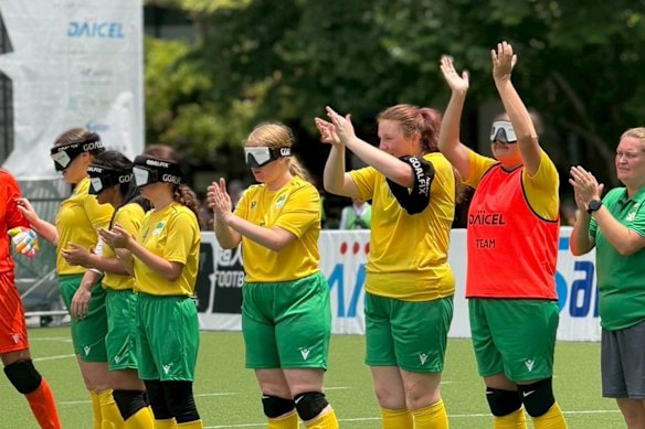 The Australian Women’s Blind Football Team, known as the Bilbies, in 2025, including Charlotte Dougherty (third from right).