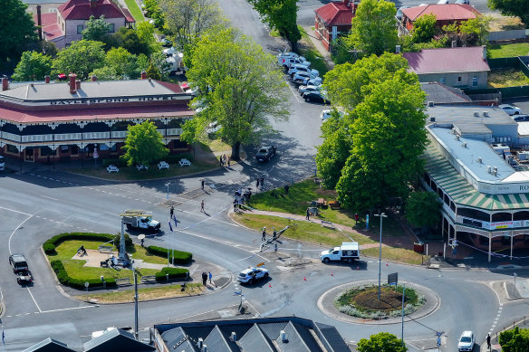 An aerial view of the scene of the crash, which occurred at the front beer garden at the Royal Daylesford Hotel, close to a roundabout.