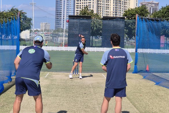 Scott Boland warms up for a bowl in Dubai. 
