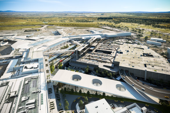 An artist's impression of how Melbourne Airport will look, with the proposed rail station at the bottom of the image.