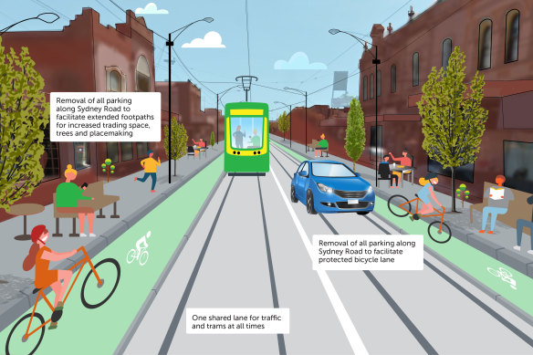 Options for overhauling Sydney Road released in 2019 by the state government included this one with wider footpaths. 