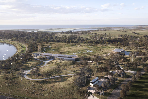 An artist’s rendering of the proposed Hobsons Bay Wetlands Centre, by Grimshaw Architects.