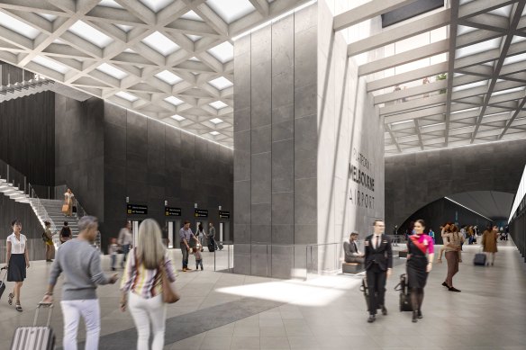 An artist’s image of the kind of underground rail terminal Melbourne Airport would like to build.