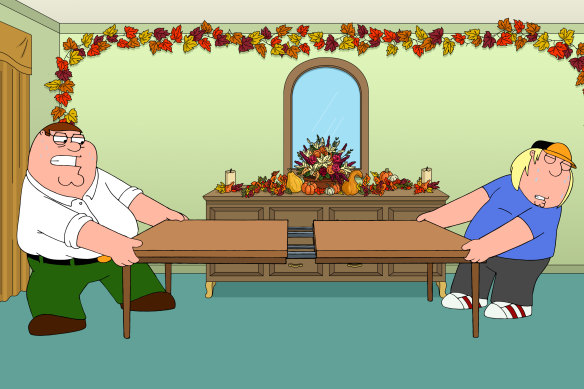 Peter Griffin and son Chris in the Shanksgiving special episode of Family Guy.