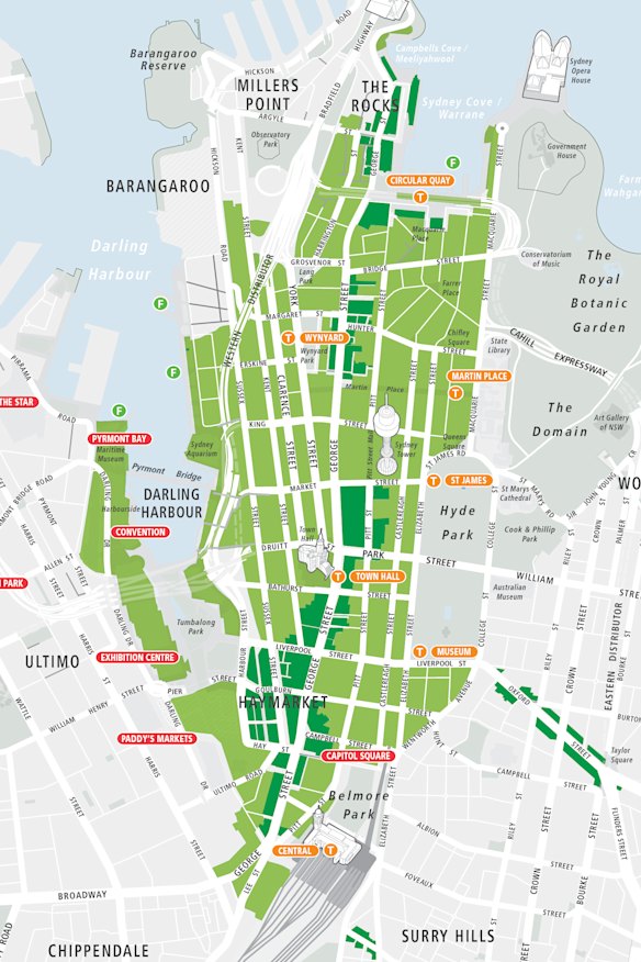 Existing and proposed 24-hour trading areas in Sydney's CBD.