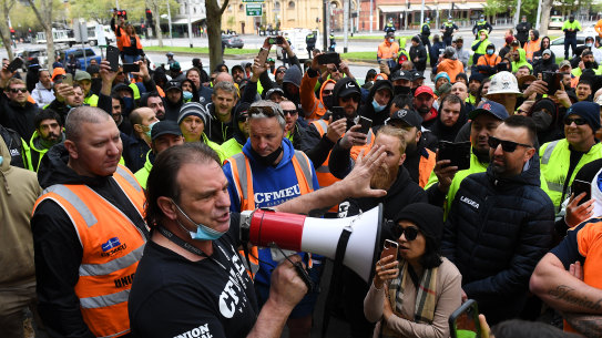 CFMEU secretary John Setka outside the union’s Melbourne headquarters before the protest turned violent.