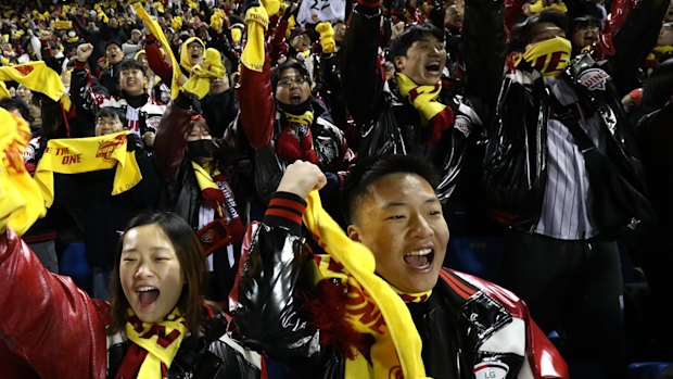 Twins fans cheer during the Korean Series Game Five between LG Twins and KT Wiz at Jamsil Stadium.