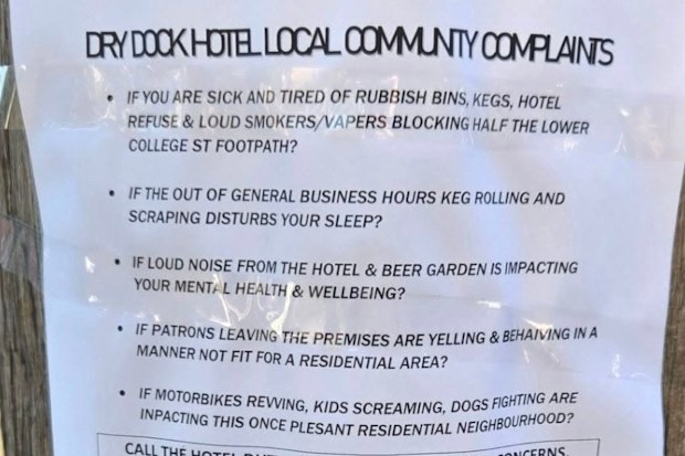 A flyer was posted in the suburb asking locals to register their complaints with the venue and NSW Liquor & Gaming.