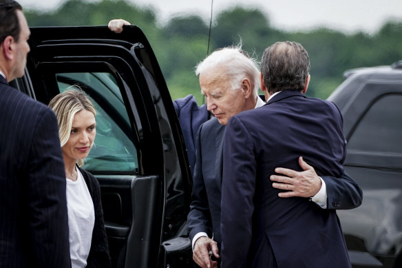 President Joe Biden embraces son Hunter on the tarmac after arriving in Wilmington, Delaware, last month.