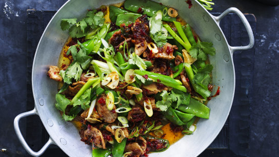 Stir-fried pork with snow peas and XO sauce.