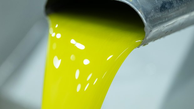 Oil from the first harvest of Cobram’s olives pours out of a centrifuge.