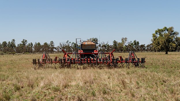 The jerry-rigged seeder used by NSW wheat farmer Bruce Maynard, who is spurning conventional techniques to encourage greater biodiversity.