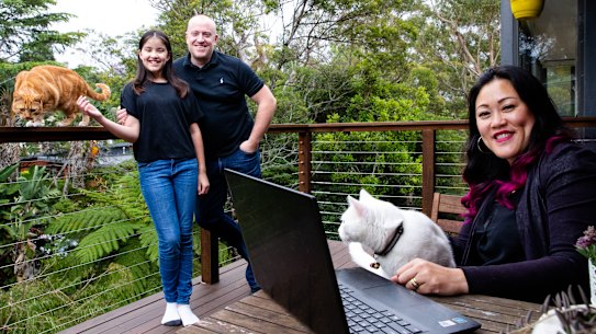 Working from home: Kahwah Wee and Nick Poole and Angela 11. Kahwah runs a small business from home, Nick is a national project manager for an events and hospitality company.