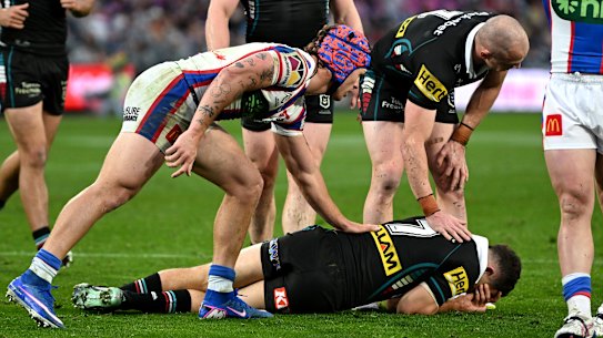 Nathan Cleary suffers a sickening lower leg injury on Sunday,
