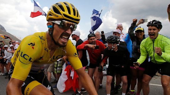 Agonising ascent: Tour leader Julian Alaphilippe climbs the Galibier pass during the 18th stage over 208 kilometres from Embrun to Valloire.