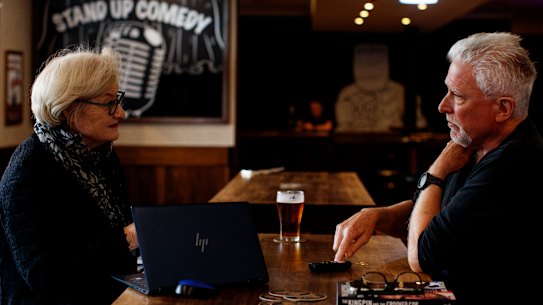 Kate McClymont and author Neil Mercer talk crime at the Iron Duke Hotel.