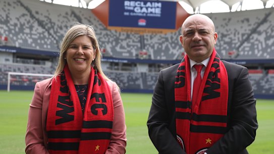 Wanderers chief executive John Tsatsimas and Natalie Wright, the director of the NSW office of responsible gambling.