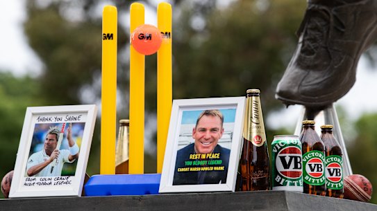 Tributes at the statue of cricketing great Shane Warne at the MCG.