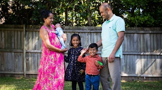 Shameela Karunakaran and Julian Rayappu had their three children, ages 5, 3 and 1 month from the one round of IVF. They had the three embryos implanted at different times, in Sydney. 17th September 2021 Photo: Janie  Barrett