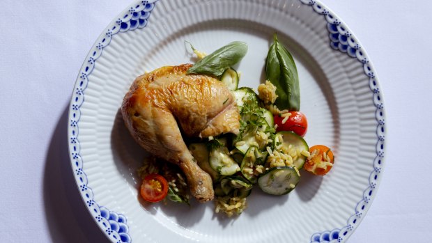 Chef Ben Greeno’s roast chook with zucchini and grapes. 