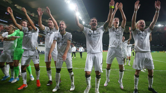 Macarthur FC celebrate their first win in the A-League over the Western Sydney Wanderers.