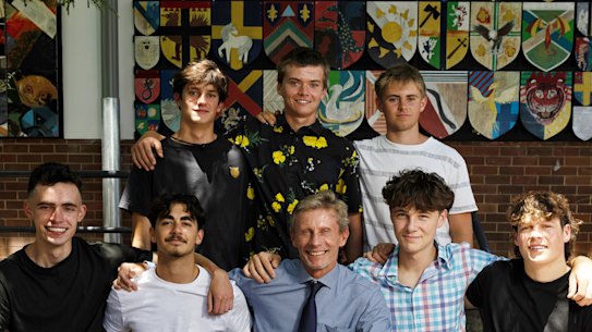 Balgowlah Boys High graduating year 12 students with principal Paul Sheather just after HSC results were delivered.
