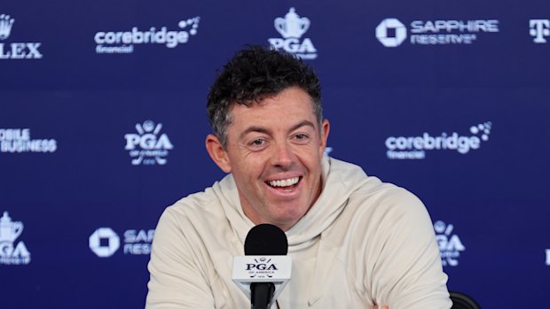 Rory McIlroy talking to media ahead of the US PGA Championships in Pennsylvania.
