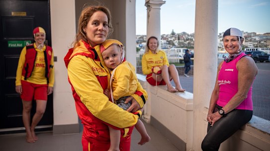 Bondi Surf Life Saving Club members from left, Claudia Frontini, Geraldine Baldock with Ethan, Rose MacMahon and Rozanne Green.