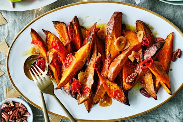 The roasted sweet potatoes are equally good served warm or cold