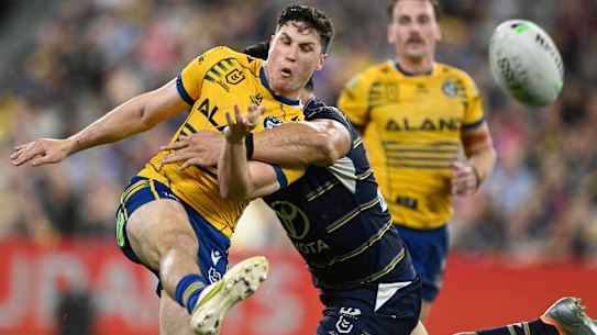 Mitchell Moses kicks the ball for the Eels in the grand final qualifier against the Cowboys.